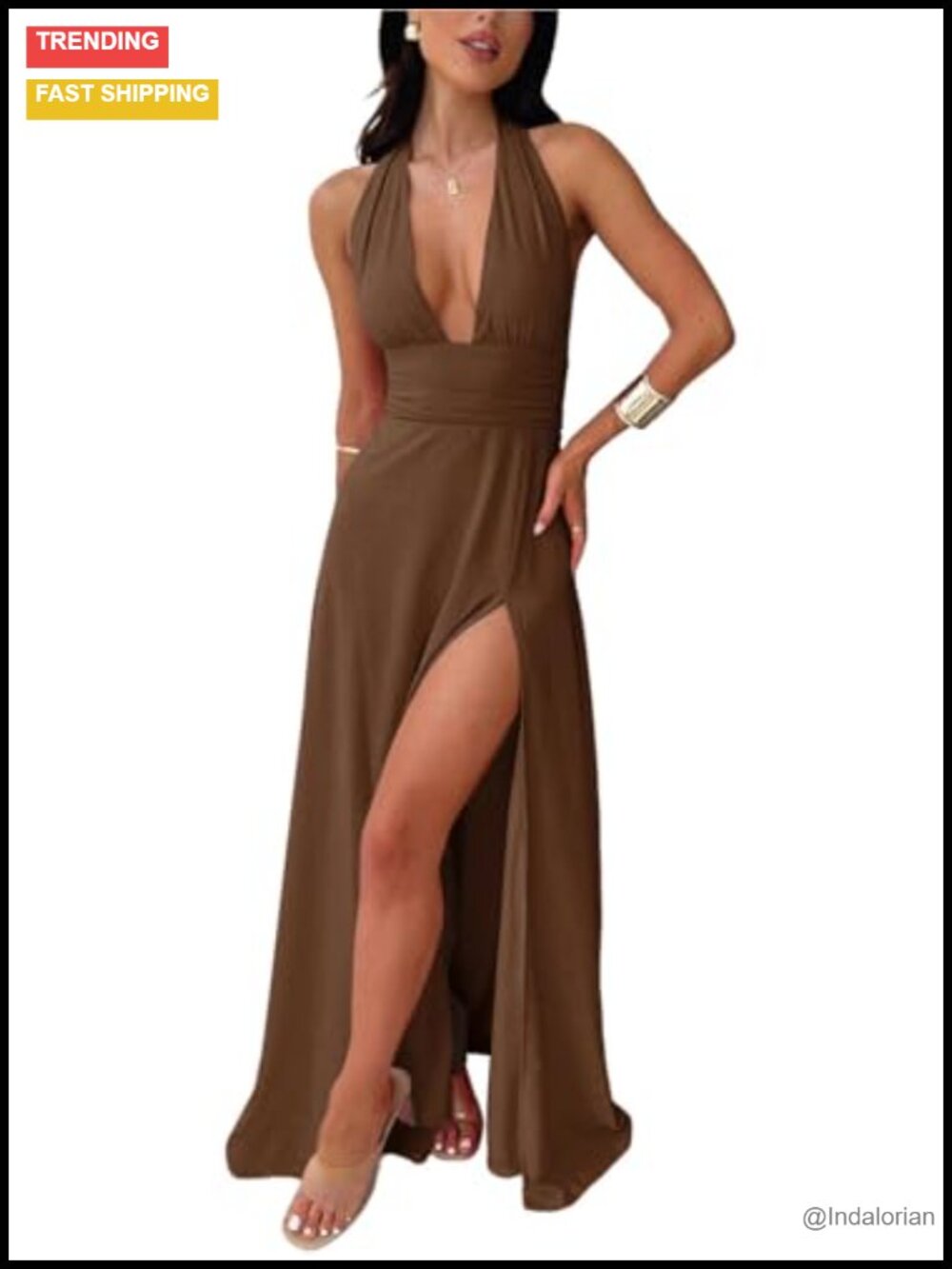 Sleeveless Deep V Neck Halter Maxi Dress High Slit Flowy Party